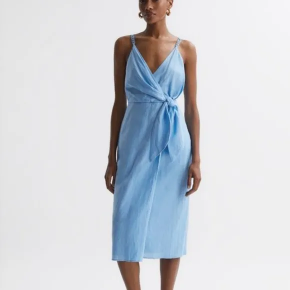 REISS ESME LINEN SIDE TIE MIDI DRESS