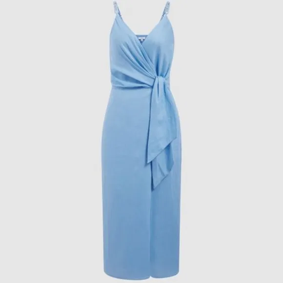 REISS ESME LINEN SIDE TIE MIDI DRESS