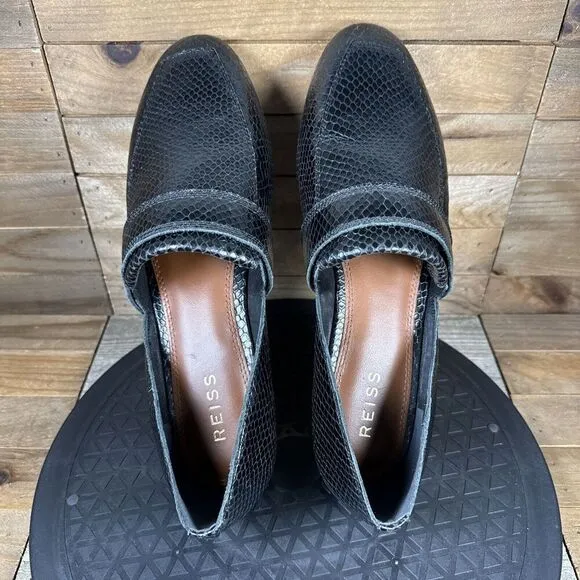Reiss Womens EUR 39 Black Irina Slip On Leather Loafers Snakeskin Print Leather