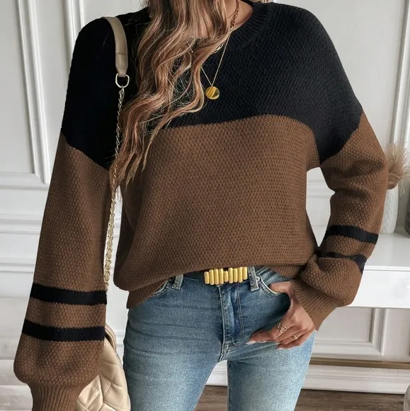 Relaxiva Color Block Drop Shoulder Pullover Sweater