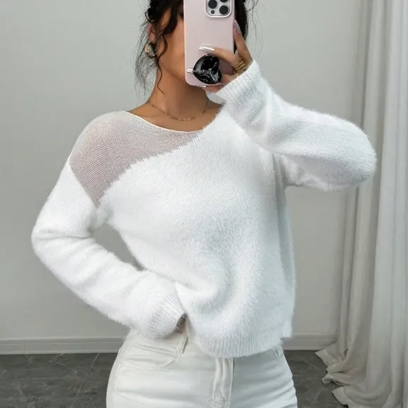Relaxiva Round Neck Contrast Color Casual Versatile Long Sleeve Sweater