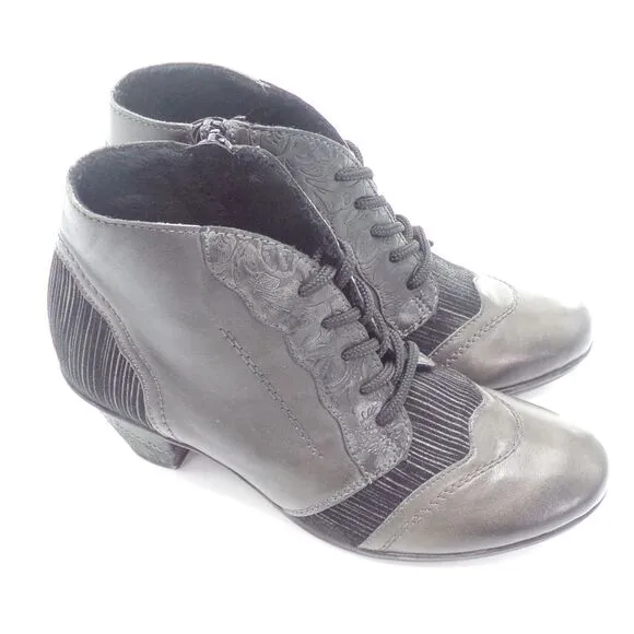 Remonte Black Leather Ankle Boots Floral Embossed‎ Striped Detail Comfort Heels