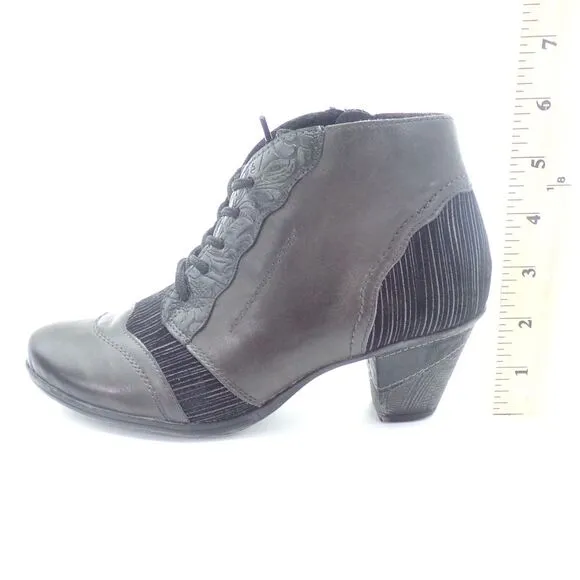 Remonte Black Leather Ankle Boots Floral Embossed‎ Striped Detail Comfort Heels