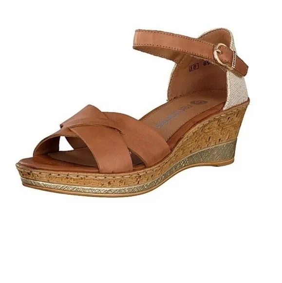 REMONTE by Rieker Brown Leather Cork Wedge Sandals