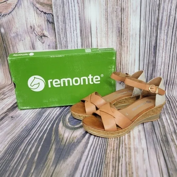 REMONTE by Rieker Brown Leather Cork Wedge Sandals
