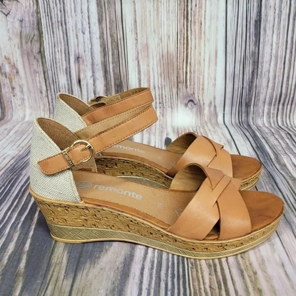 REMONTE by Rieker Brown Leather Cork Wedge Sandals