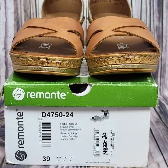 REMONTE by Rieker Brown Leather Cork Wedge Sandals