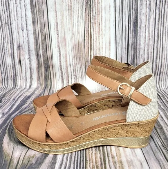 REMONTE by Rieker Brown Leather Cork Wedge Sandals
