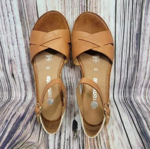 REMONTE by Rieker Brown Leather Cork Wedge Sandals