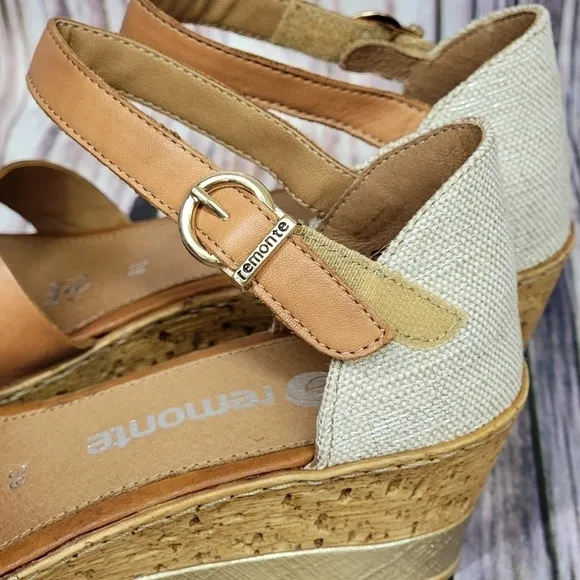REMONTE by Rieker Brown Leather Cork Wedge Sandals