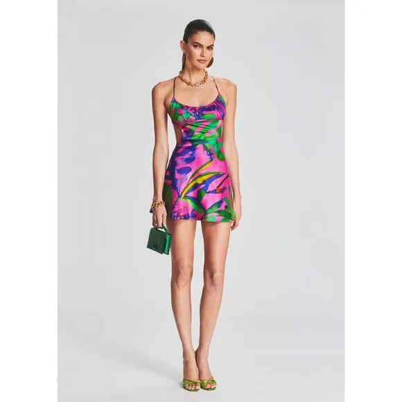 Retrofête | Josefine Silk Chiffon Mini Dress – Tropical Leaf (Size L, NWT)