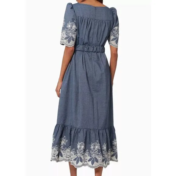 Revolve Elliatt Ethos Dress S Denim Embroidered Boho Cottage Midi Ruffle NWT