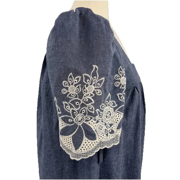 Revolve Elliatt Ethos Dress S Denim Embroidered Boho Cottage Midi Ruffle NWT