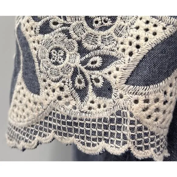 Revolve Elliatt Ethos Dress S Denim Embroidered Boho Cottage Midi Ruffle NWT