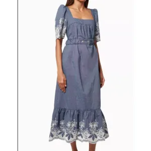 Revolve Elliatt Ethos Dress S Denim Embroidered Boho Cottage Midi Ruffle NWT