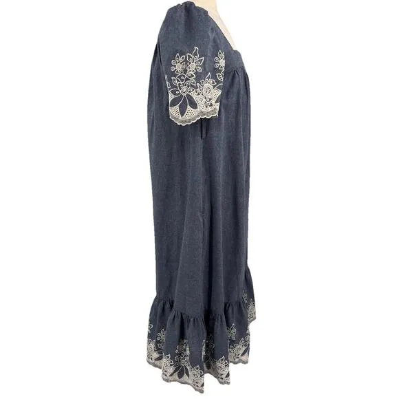 Revolve Elliatt Ethos Dress S Denim Embroidered Boho Cottage Midi Ruffle NWT