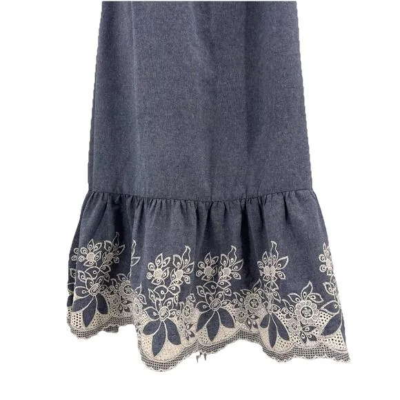 Revolve Elliatt Ethos Dress S Denim Embroidered Boho Cottage Midi Ruffle NWT