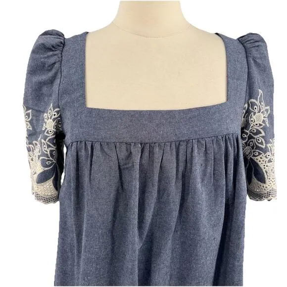 Revolve Elliatt Ethos Dress S Denim Embroidered Boho Cottage Midi Ruffle NWT