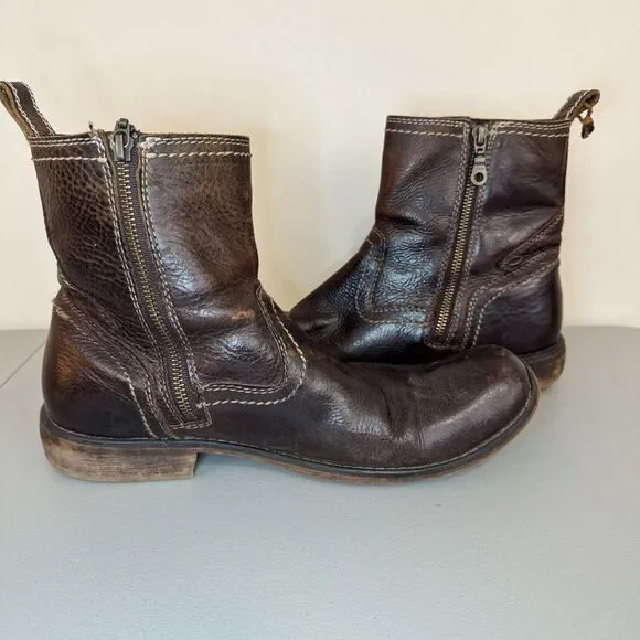 Roan Brown Distressed Leather Harness Pull On Side Zipper Rubber Sole Boots 10.5