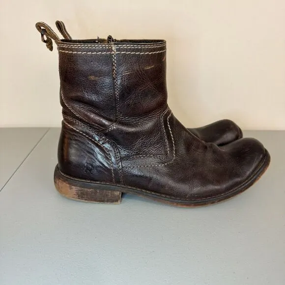 Roan Brown Distressed Leather Harness Pull On Side Zipper Rubber Sole Boots 10.5