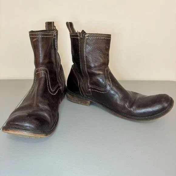 Roan Brown Distressed Leather Harness Pull On Side Zipper Rubber Sole Boots 10.5