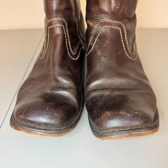 Roan Brown Distressed Leather Harness Pull On Side Zipper Rubber Sole Boots 10.5