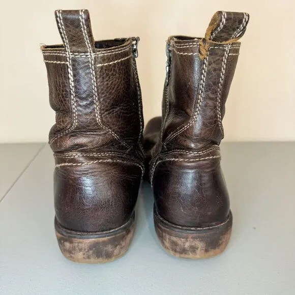 Roan Brown Distressed Leather Harness Pull On Side Zipper Rubber Sole Boots 10.5