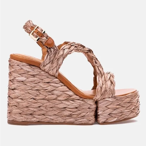 ROBERT CLERGERIE // “Ally” raffia platform wedge heel sandals in pink “papaya”
