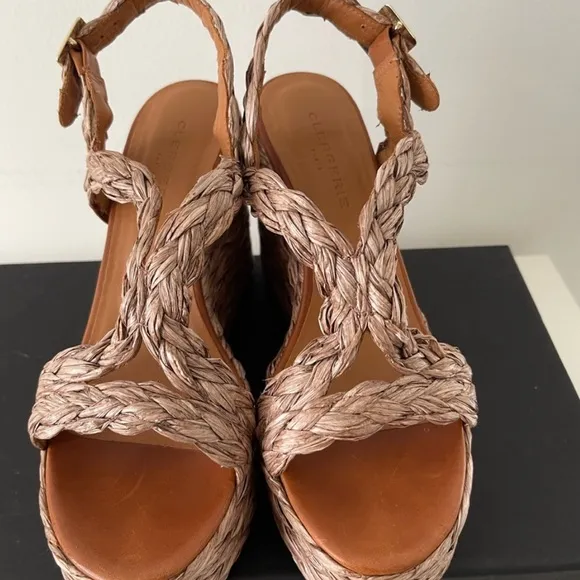 ROBERT CLERGERIE // “Ally” raffia platform wedge heel sandals in pink “papaya”