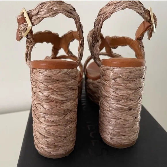 ROBERT CLERGERIE // “Ally” raffia platform wedge heel sandals in pink “papaya”