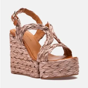 ROBERT CLERGERIE // “Ally” raffia platform wedge heel sandals in pink “papaya”