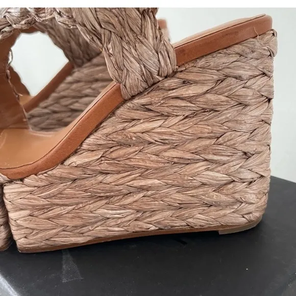 ROBERT CLERGERIE // “Ally” raffia platform wedge heel sandals in pink “papaya”