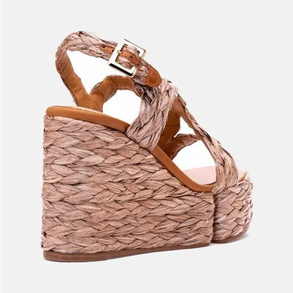 ROBERT CLERGERIE // “Ally” raffia platform wedge heel sandals in pink “papaya”