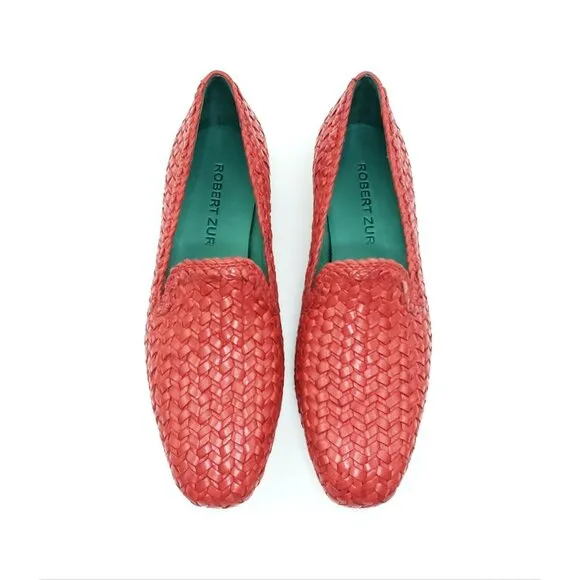 Robert Zur Loafer Flats Woven Slip On Red Soft Leather Womens US 10