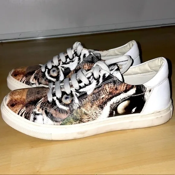 Roberto Cavalli Italy Animal Print Jaguar White Sneakers  Genuine Leather 36
