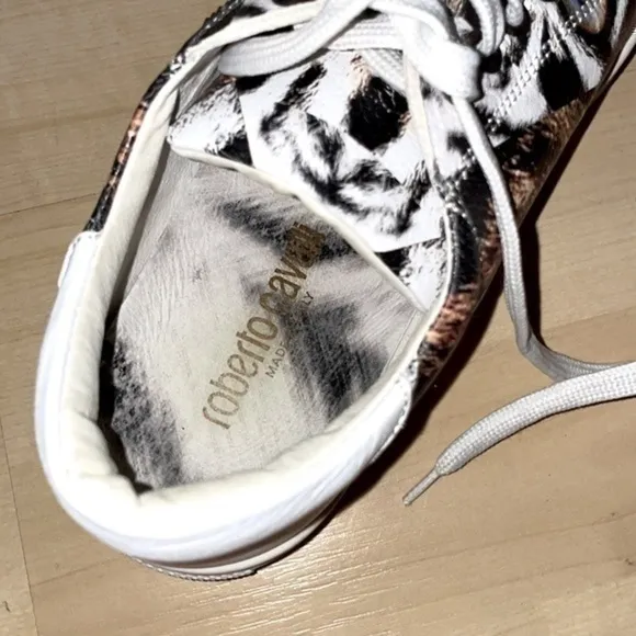 Roberto Cavalli Italy Animal Print Jaguar White Sneakers  Genuine Leather 36