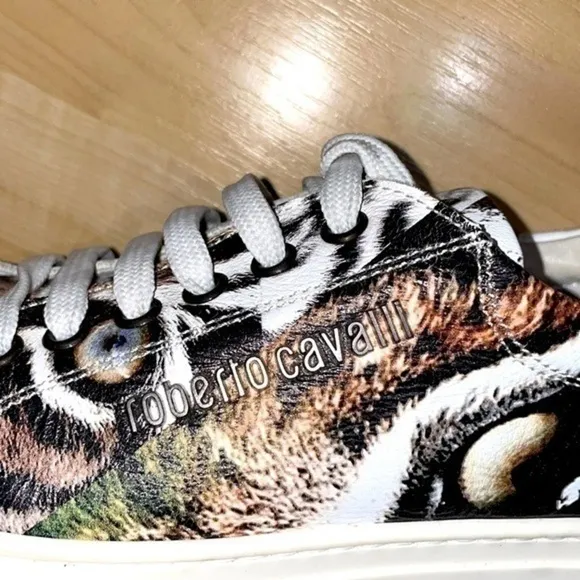Roberto Cavalli Italy Animal Print Jaguar White Sneakers  Genuine Leather 36