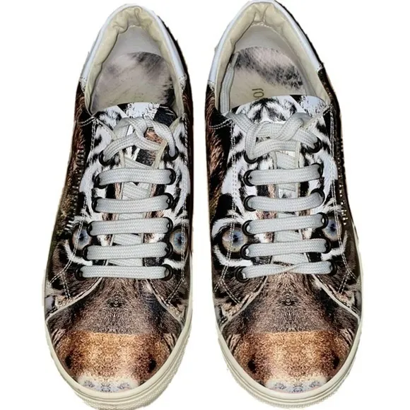 Roberto Cavalli Italy Animal Print Jaguar White Sneakers  Genuine Leather 36