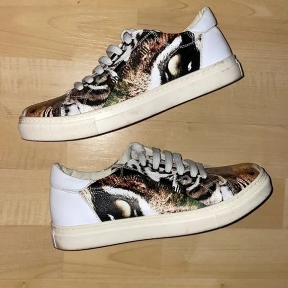 Roberto Cavalli Italy Animal Print Jaguar White Sneakers  Genuine Leather 36