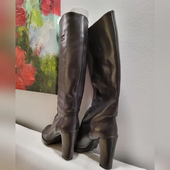 Robeto Del Carlo Riding Black Leather Knee-High Heeled Boots Size 37