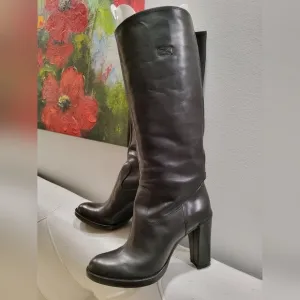 Robeto Del Carlo Riding Black Leather Knee-High Heeled Boots Size 37