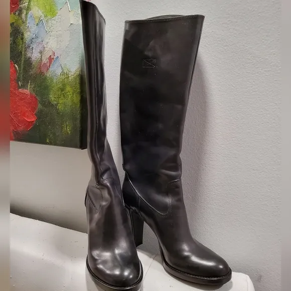 Robeto Del Carlo Riding Black Leather Knee-High Heeled Boots Size 37