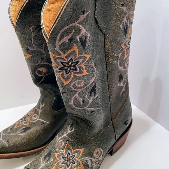 Rocky Handhewn Pull On Cowboy Boots Coral/Baby Blue Embroidered Flowers