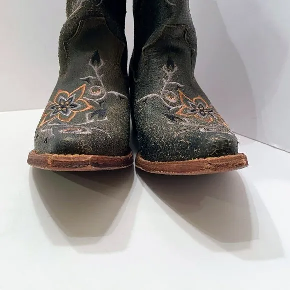 Rocky Handhewn Pull On Cowboy Boots Coral/Baby Blue Embroidered Flowers
