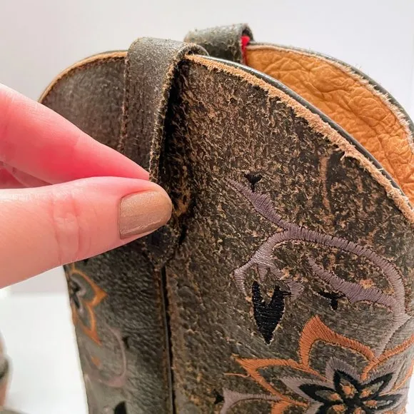 Rocky Handhewn Pull On Cowboy Boots Coral/Baby Blue Embroidered Flowers