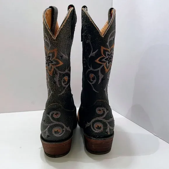 Rocky Handhewn Pull On Cowboy Boots Coral/Baby Blue Embroidered Flowers