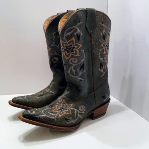 Rocky Handhewn Pull On Cowboy Boots Coral/Baby Blue Embroidered Flowers