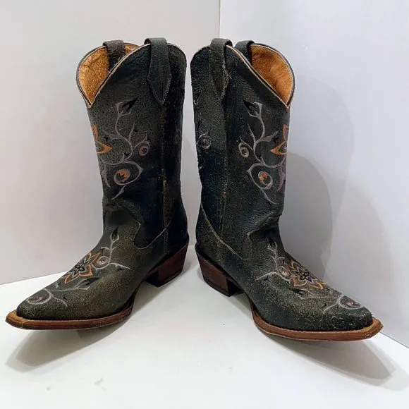 Rocky Handhewn Pull On Cowboy Boots Coral/Baby Blue Embroidered Flowers