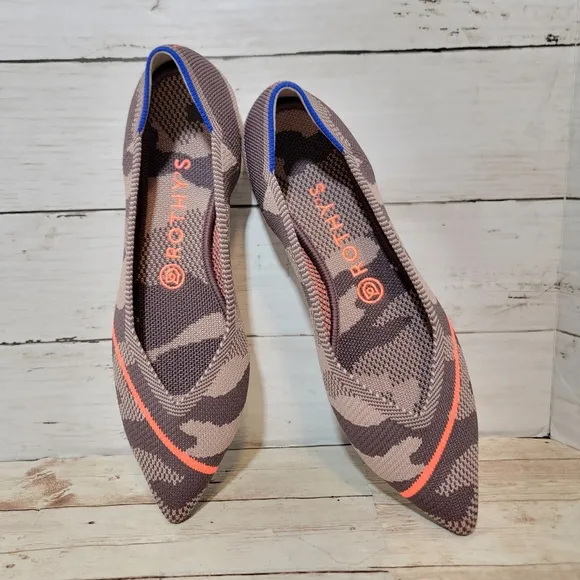 Rothy's NWOB the point in Taupe Camo orange stripe