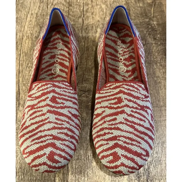 Rothys Size 4 Shoes Red Tan Zebra Stripe Animal Print Flats Slip On Loafers